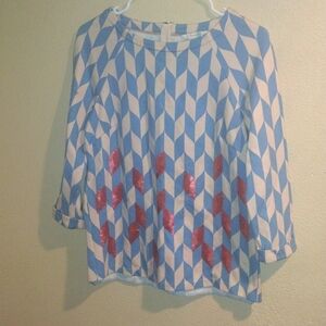 Boden Geometric Blue Beige Pink Sequin Detail Back Zip Cotton Blend 3/4 …